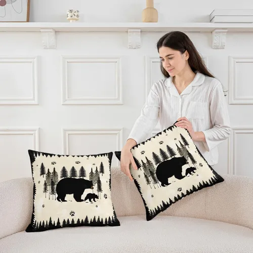Miniatura 3 de Cartoon Bear Pillow Cover Cute Wild Animal Paw Print Cushion Cover for Kids Boys Girls Teens Jungle Pine Trees Silhouette Cabin Pillow Case for