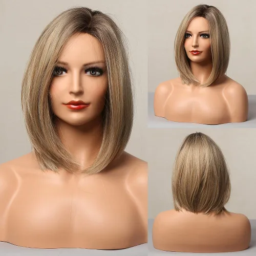 HAIRCUBE Pelucas cortas para mujer, color rubio ceniza ombré, peluca estilo Bob, longitud hasta el hombro, peluca sintética resistente al calor,