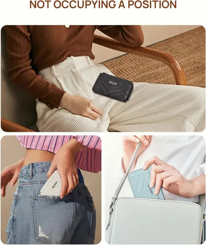 Miniatura 6 de Telena Cartera delgada para mujer, con bloqueo RFID, tarjetero de cuero con llavero plateado, color beige