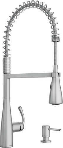 Miniatura 19 de Moen Essie 87014SRS - Juego de grifo de fregadero de cocina con rociador desplegable de acero inoxidable resistente a los puntos con dispensador