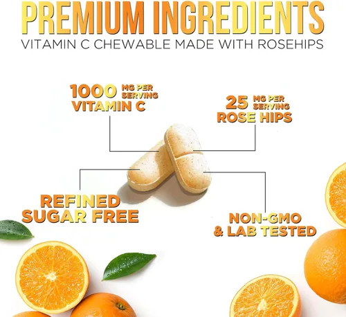 Miniatura 3 de Vitamina C 1000 mg por porción – Apoyo inmunológico diario extra fuerte con suplemento masticable de escaramujos – Sabor sabroso sin azúcar