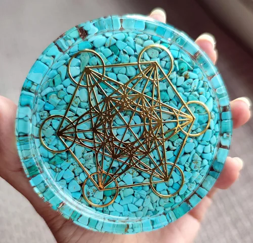 Miniatura 5 de Grande 4 "cristales turquesas Metatron's Cube Merkaba Coaster Placa de carga de agua Cúpula de energía
