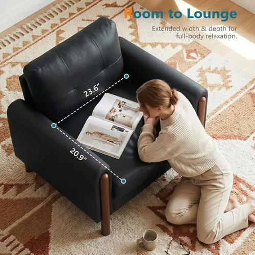 Miniatura 7 de STHOUYN 35" Black Leather Oversized Accent Chair with Wood Armrests, Mid-Century Modern Tufted Living Room Chair, Comfy Reading Sofa Chair with