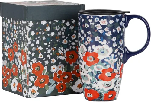 Miniatura 11 de Topadorn Taza de viaje de cerámica de 17 onzas con tapa y asa, taza de café floral bohemio, taza de porcelana en estilo terracota, apta