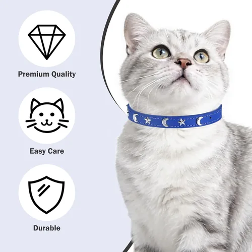 Miniatura 3 de Collares de cuero DILLYBUD para gatos niño y niña con campana y cinturón elástico de seguridad, collar ajustable con hebilla de seguridad Blue_Star