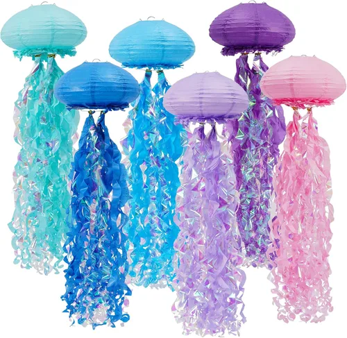 Miniatura 10 de Decoraciones de cumpleaños de sirena, linternas de papel de medusas rosadas lavanda azul, escamas de sirena colgantes en forma de linterna