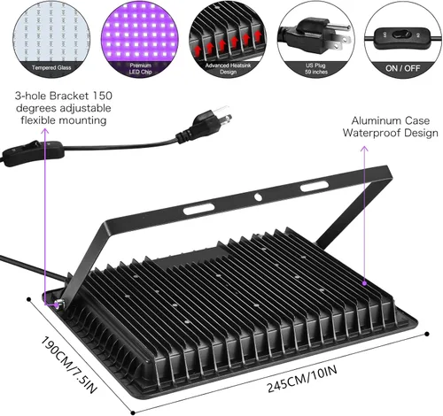 Miniatura 7 de XYCN Paquete de 4 luces de inundación LED de 150 W en negro, UV de 395 nm a 405 nm, luz negra de alto poder para exteriores con enchufe, IP66