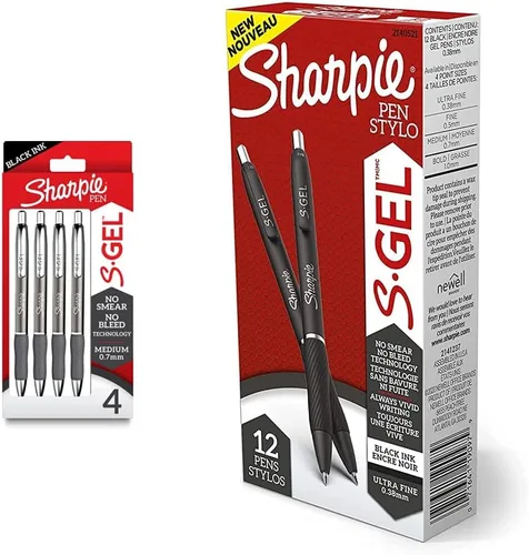 SHARPIE S-Gel, bolígrafos de gel, barril de metal elegante, plomizo, punta media (0.028 in), tinta negra, 4 unidades y S-Gel, bolígrafos de gel,