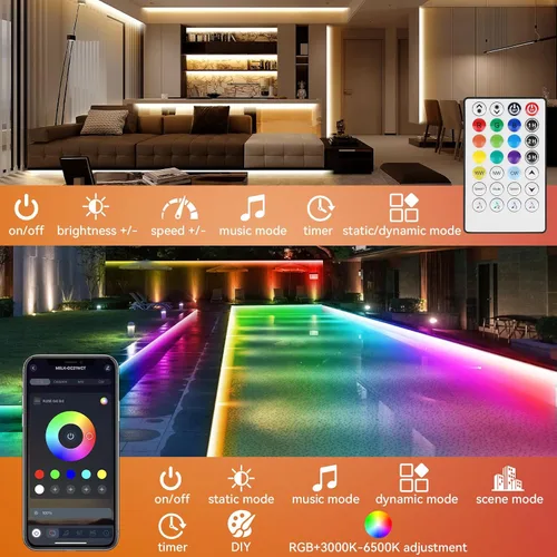 Miniatura 5 de Tira de luces LED RGBWW+IC de 50 pies para exteriores, IP67, impermeable, multicolor+3000K-6500K 24V luces LED con control remoto y aplicación