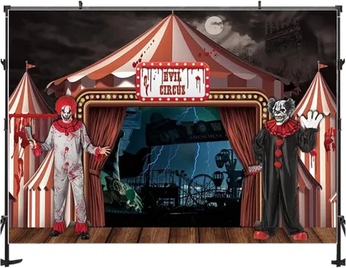 Miniatura 3 de Telón de fondo de fotografía de circo de terror, decoración de fiesta de Halloween, telón de fondo de carnaval, casa encantada, payaso gigante
