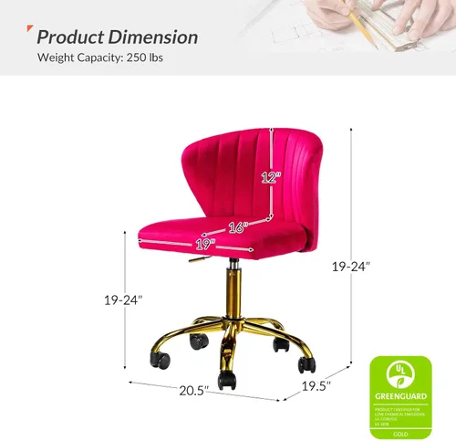 Miniatura 2 de HULALA HOME Silla de escritorio de oficina en casa con ruedas doradas, pequeña y linda silla de tocador con respaldo para dormitorio, silla de Fucsia