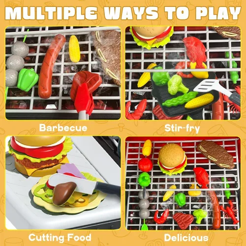Miniatura 2 de Juego de Parrilla para Niños, Parrilla de Juguetes BBQ con Sonido de Humo, Luz y Rueda, Juguetes de Cocina de Simulación Movibles para Niños