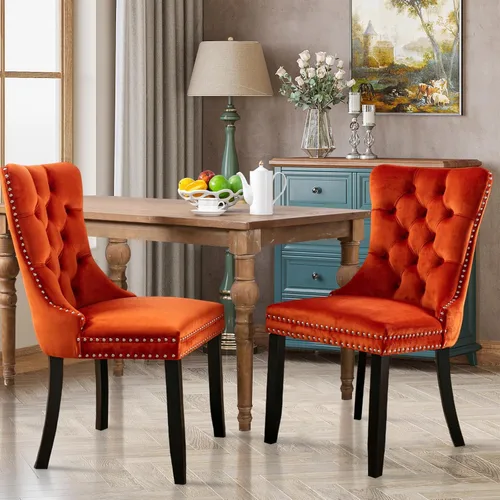 Miniatura 10 de Juego de 2 sillas de comedor tapizadas de tela de lino, sillas de cocina modernas de mediados de siglo con respaldo alto, ribete de cabeza de clavo