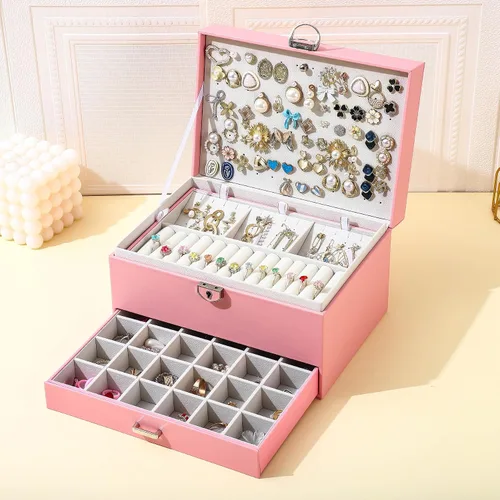 Miniatura 6 de BOOVO Joyero de aretes para mujeres y niñas, organizador de tachuelas, caja organizadora de joyas de 5 capas con candado, organizador de aretes