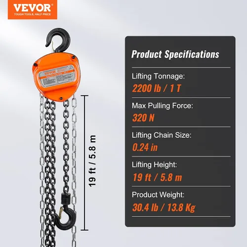 Miniatura 7 de VEVOR Polipasto de Cadena Manual, 1 Tonelada 2200 lbs de Capacidad 20 FT Come Along, Acero al Carbono Galvanizado G80 con Freno de Doble Trinquete