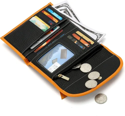 Miniatura 6 de Cartera de cuero genuino para mujer, con cierre de cremallera, monedero, monedero, gran capacidad, Negro -, Billetera triple
