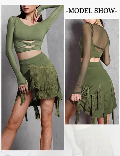Miniatura 2 de FEOYA Falda de baile latino para mujer, falda de salón con flecos, borla para salsa y tango