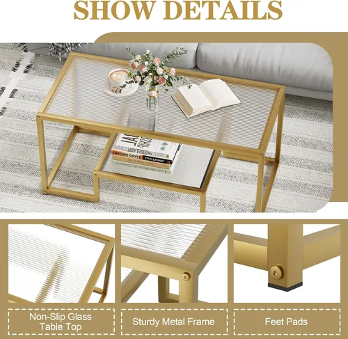 Miniatura 8 de Mesa de café Wolawu Mesa de café dorada de vidrio para sala de estar, mesa de centro rectangular de 2 niveles con tapa de vidrio acanalada y marco