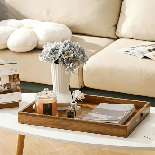 Miniatura 5 de YOUEON Paquete de 2 bandejas de madera de acacia de 17 x 12 pulgadas con asas, bandeja grande de madera para otomana, desayuno en la cama, cena