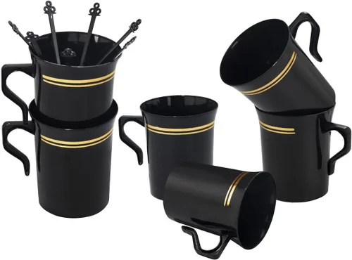 Miniatura 3 de Nervure Paquete de 60 tazas de café de plástico negro con 60 agitadores de café negros, tazas de café desechables de 8 onzas con asas y agitadores