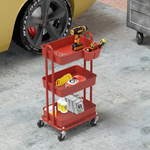Miniatura 5 de Simple Houseware - Carro multiusos rodante de 3 niveles con cubos colgantes, color Rojo
