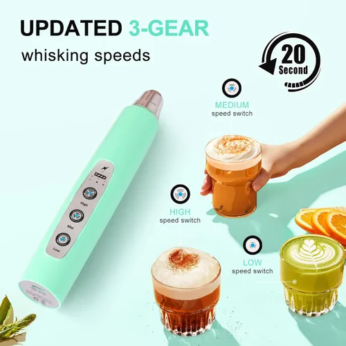 Miniatura 2 de YUSWKO Baby Blue - Varita espumadora de leche de mano para café, batidor eléctrico recargable con 3 cabezales, 3 velocidades, mezclador de bebidas
