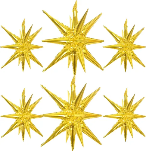 Miniatura 23 de 6 Globos de Papel de Aluminio con Forma de Estrella Negra de Una Pieza, Globo de Estrella de 14 Puntas 4D Cono Starburst de Mylar de 22 Pulgadas