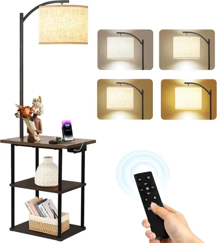 Miniatura 8 de PESRAE Lámpara de pie con mesa, lámparas para mesita de noche con estación de carga (USB y tipo C y puerto de CA), bombilla LED de 3 temperaturas