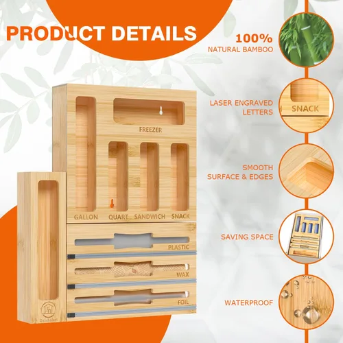 Miniatura 5 de DALSHABET Organizador de cajones con bolsa de almacenamiento de bambú 9 en 1 con cortador, dispensador de papel de aluminio y envoltura de plástico