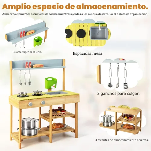 Miniatura 3 de Costzon Cocina de madera para niños, cocina de barro al aire libre con fregadero extraíble, caja de agua y grifo, parte superior de la estufa, Verde