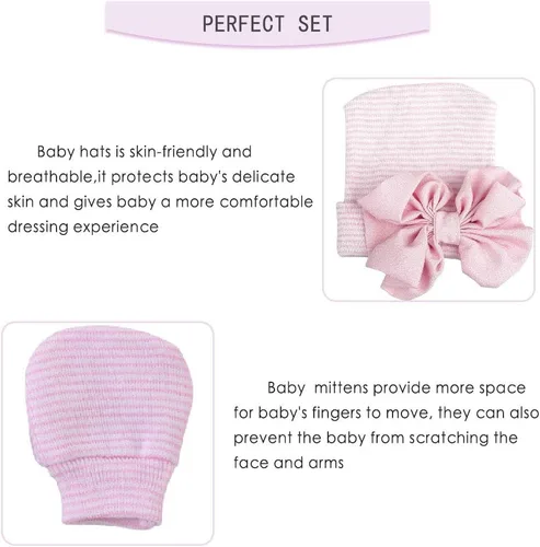 Miniatura 6 de Gorras y manoplas para recién nacidos, gorro de hospital para recién nacidos, guantes antiarañazos, set de regalo para niños y niñas