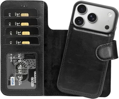 Miniatura 22 de HARDISTON Funda de piel auténtica de alta calidad hecha a mano para iPhone 11 Pro de 5.8 pulgadas, tarjeteros de doble folio, funda magnética Negro