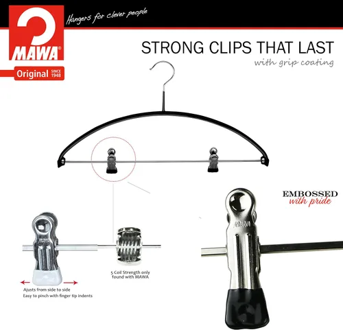 Miniatura 3 de Mawa by Reston Lloyd Percha de ropa de metal antideslizante europeo, soporte de hombro suave y clips ajustables para pantalones, 1 pieza, negro