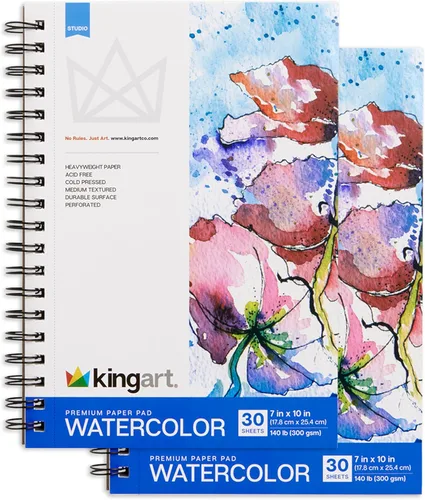KINGART Bloc de papel de acuarela prensado en frío, paquete de 2, 7 x 10 pulgadas, 30 hojas cada una, peso pesado de 140 lb/300 GSM, doble cara