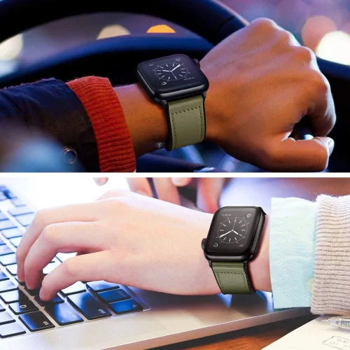 Miniatura 7 de OUHENG Correas de cuero compatibles con Apple Watch de 42mm 41mm 40mm 38mm, correa híbrida de cuero genuino y goma para iWatch Series 11 10 9 8 7 6