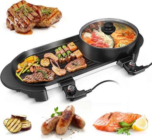 Parrilla eléctrica de 2200 W con olla caliente, barbacoa multifuncional para interiores y Shabu Shabu, doble temperatura contral de 3.6 litros de