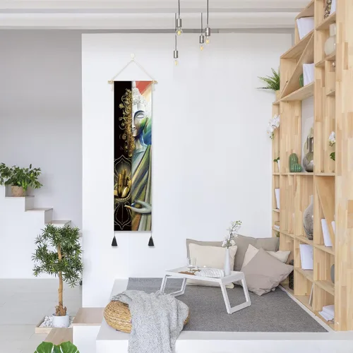 Miniatura 7 de Póster colgante en lienzo para pared, lienzo de arte de Buda, decoración zen, cita de felicidad, tapiz de meditación motivacional para decoración