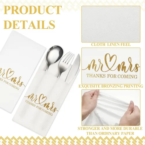 Miniatura 3 de Panelee 100 servilletas de boda con bolsillo integrado para cubiertos de Mr and Mrs personalizadas, sensación de lino, suministros de cena Dorado