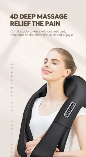 Masajeador de cuello, hombros y espalda Shiatsu 4D con masaje de amasamiento profundo con calor para uso relajante corporal en casa, automóvil,