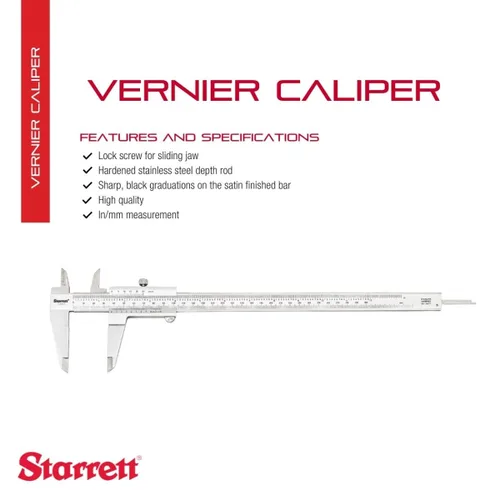 Miniatura 2 de Starrett Pinza Vernier con varilla de profundidad de acero inoxidable endurecido, tornillo de bloqueo y afilado, graduación negra, métrica, inglés