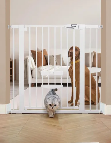 BABELIO Puerta de bebé extra alta de 36 pulgadas con puerta para gatos, puerta de metal para perros de 29 a 40 pulgadas, puerta para gatos para