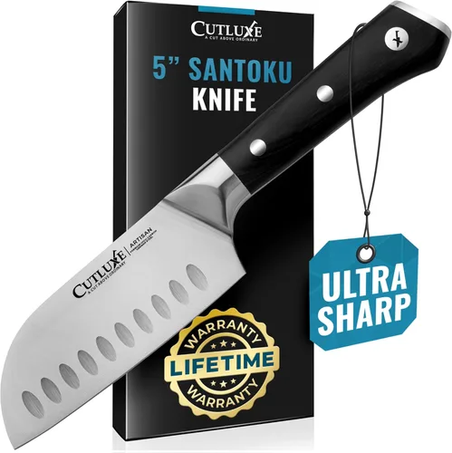 Cutluxe Santoku – Cuchillo de 5" de cocina, cuchillo para carne y verduras – Acero alemán forjado de alto carbono – Espiga completa y afilado como