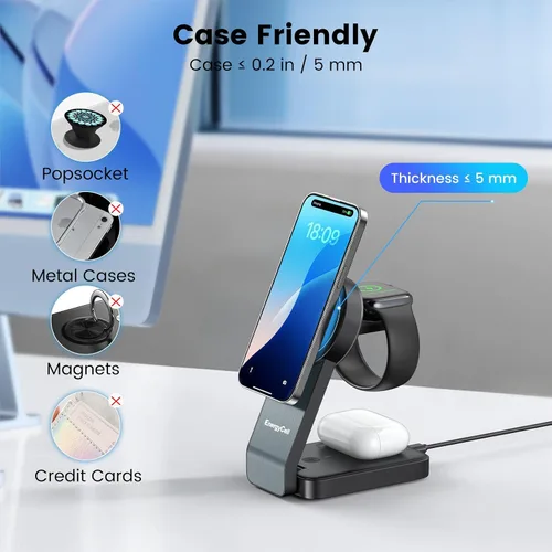 Miniatura 2 de EnergyCell Estación de carga inalámbrica 3 en 1 para dispositivos Apple, cargador inalámbrico de 15W para iPhone 17/16/15/14/13/12, Apple Watch