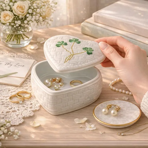Miniatura 2 de Belleek Classic Kylemore - Caja de baratijas de 4.4 pulgadas, almacenamiento decorativo de porcelana Parian hecha a mano, decoración de trébol