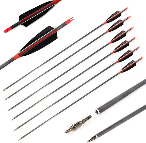 Miniatura 7 de Letszhu Flechas de tiro con arco de carbono 500 lomo con plumas reales para arco recurvo compuesto (paquete de 12)