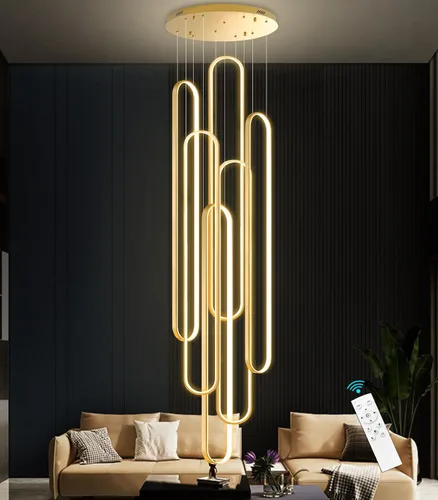 Miniatura 14 de Candelabros LED modernos para entrada de vestíbulo, techo alto, lámparas de escalera largas, regulables, montaje empotrado, alto recibidor, Negro