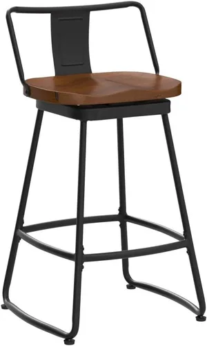 Miniatura 5 de Taburetes de bar giratorios de 24 pulgadas con respaldo, juego de 2 sillas de bar de metal con asiento de madera, taburetes de bar industriales