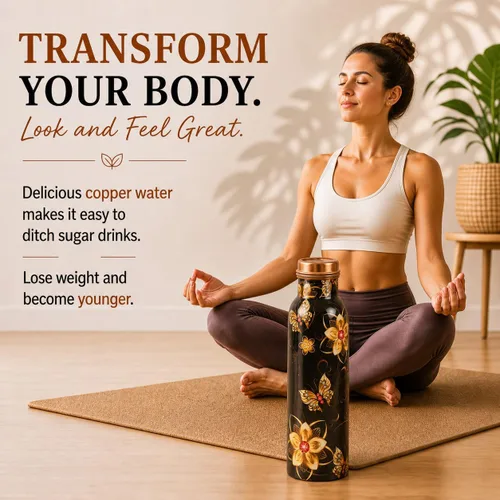Miniatura 8 de Botella de agua de cobre puro - Hecha a mano - Beneficios para la salud ayurvédica - Grande 35 oz - A prueba de fugas - Fácil de llevar para Negro