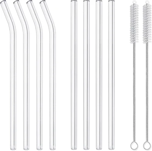 Hiware, sorbetes de vidrio de 10 pulgadas x 10 mm, con curva hecha a mano, 4 unidades, incluye gratis cepillo de limpieza. Sorbetes para licuados,