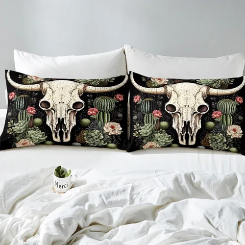Miniatura 6 de Erosebridal Juego de ropa de cama de calavera de vaca bohemia tamaño individual para vaquero occidental, diseño de cactus y esqueletos negros, juego
